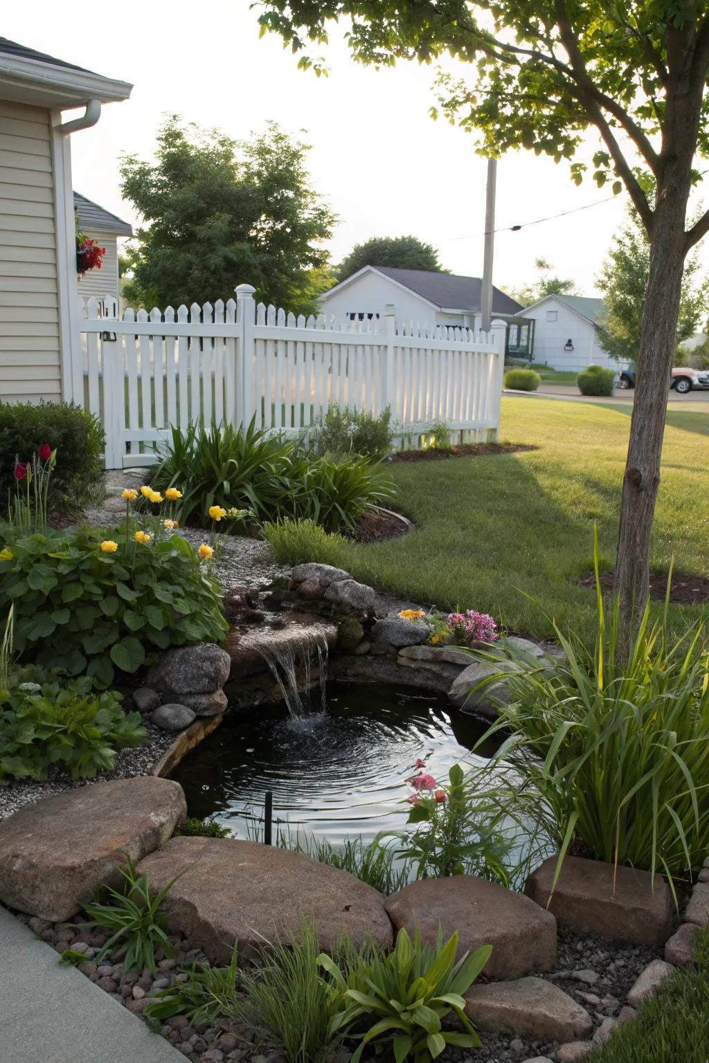 Water features add tranquility with minimal maintenance.