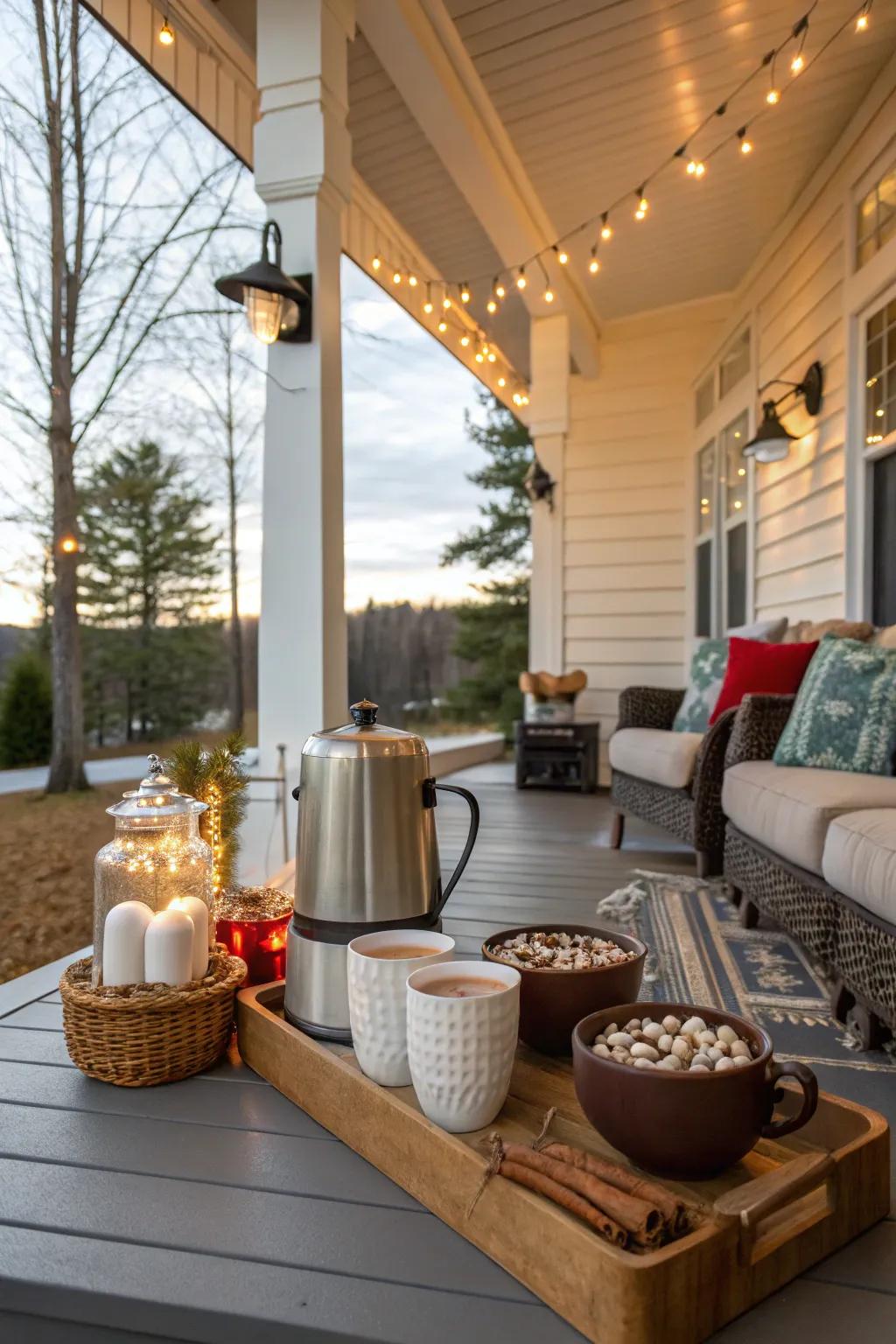 A hot cocoa station introduces warmth and hospitality to your porch.