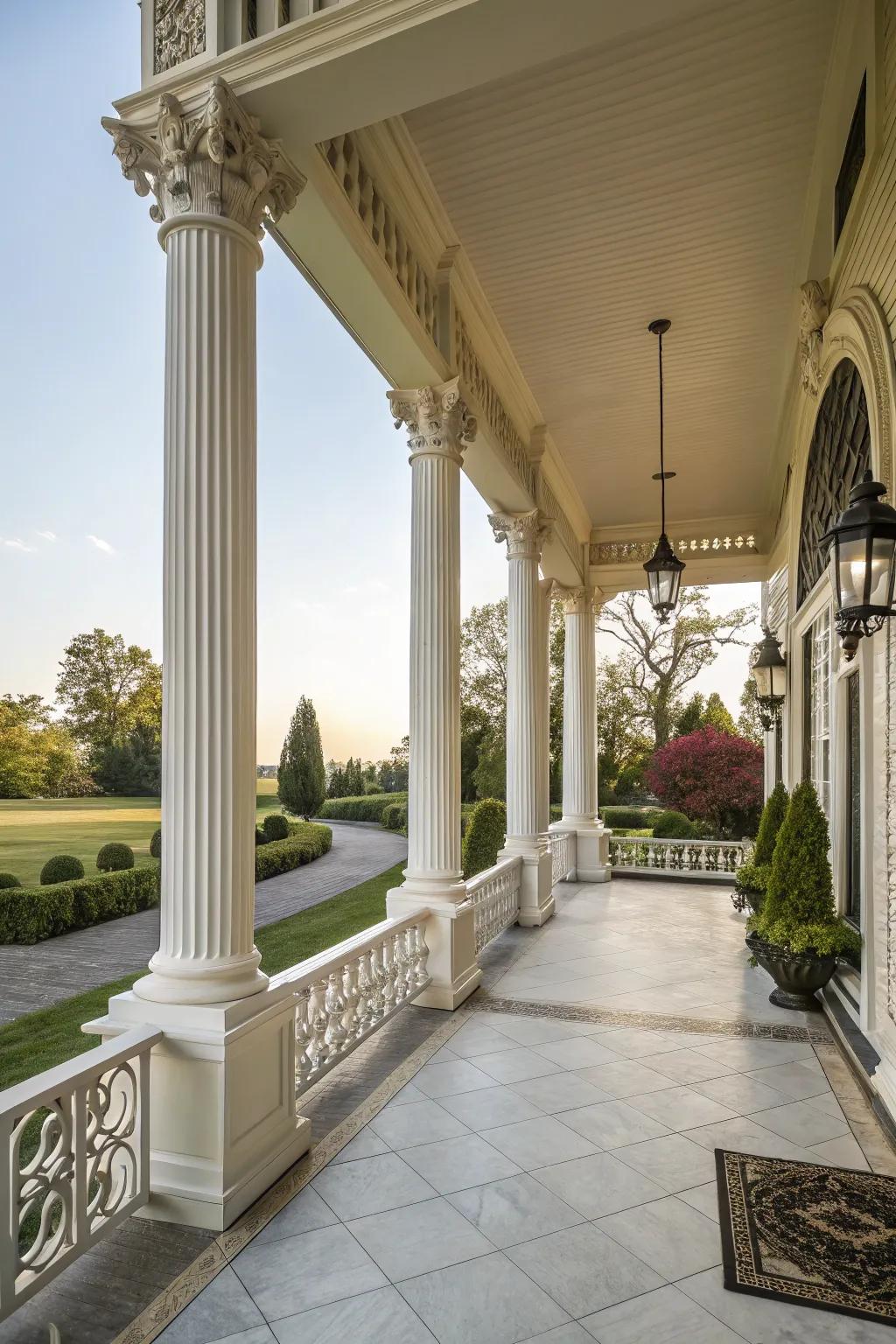 The use of tapered columns evokes heritage and magnificence on a porch.