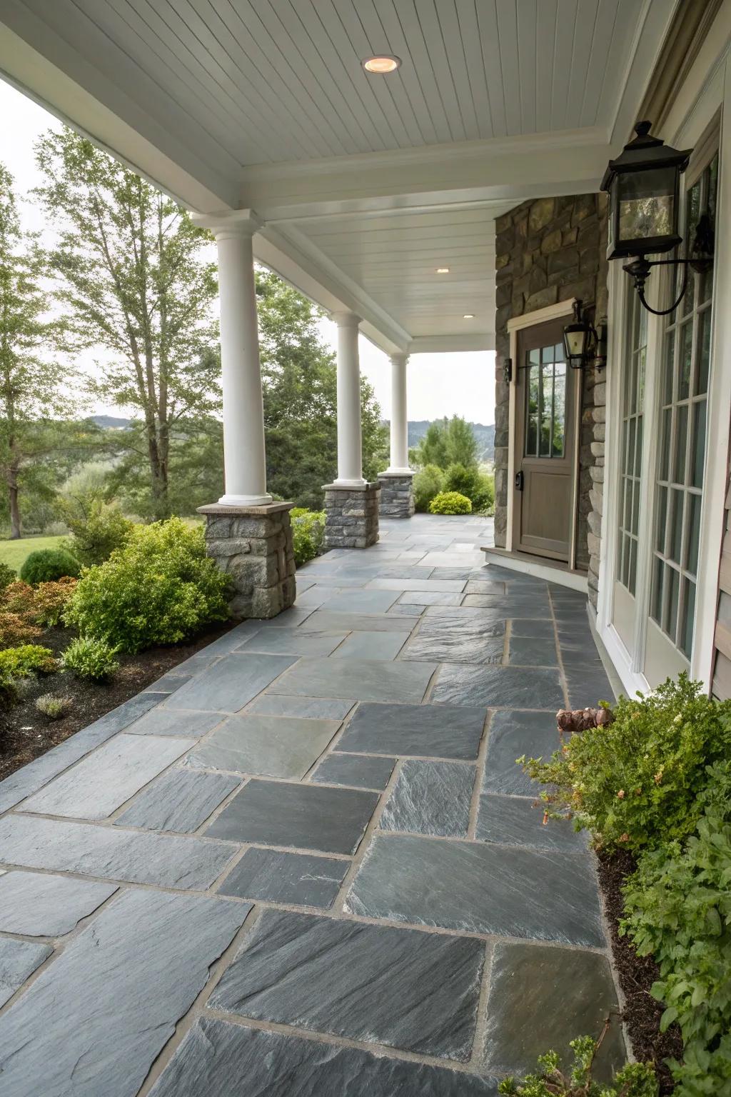 Dark stone flooring provides a stylish and high-end porch look.