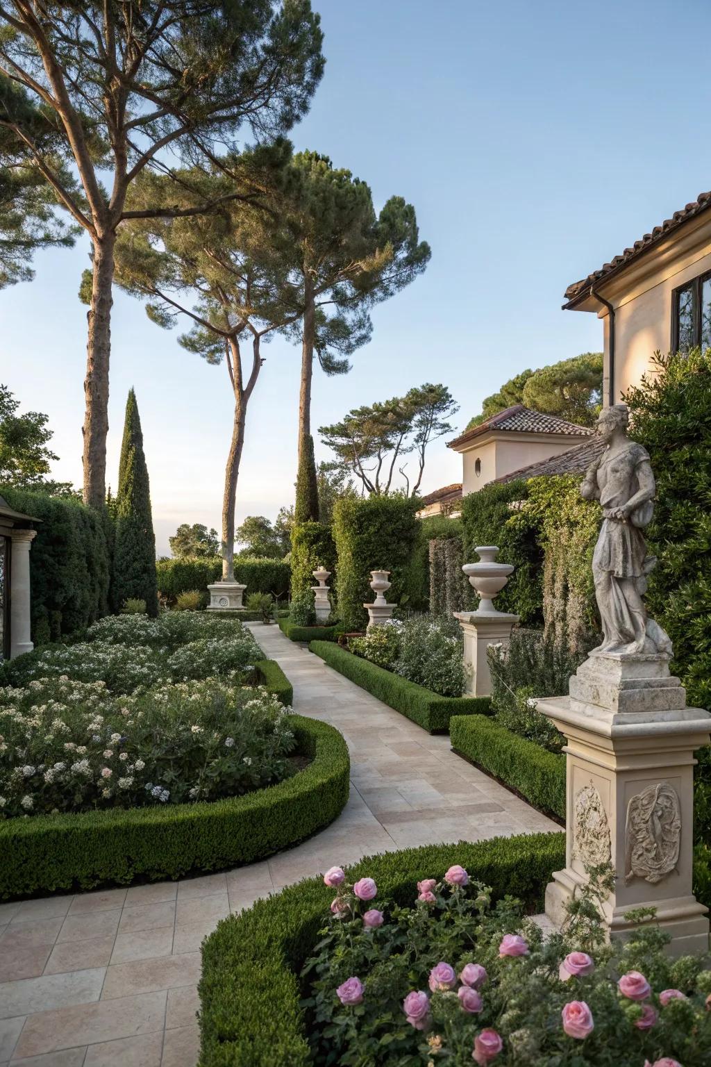 Sculptures add an artistic accent to the courtyard.