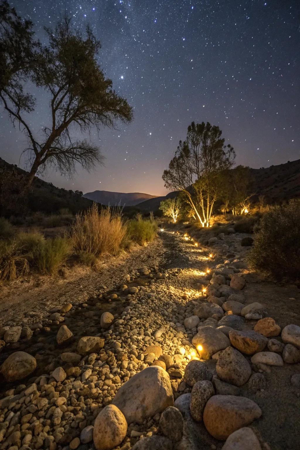 LED lamps introduce a magical radiance to your dry streambed by night.