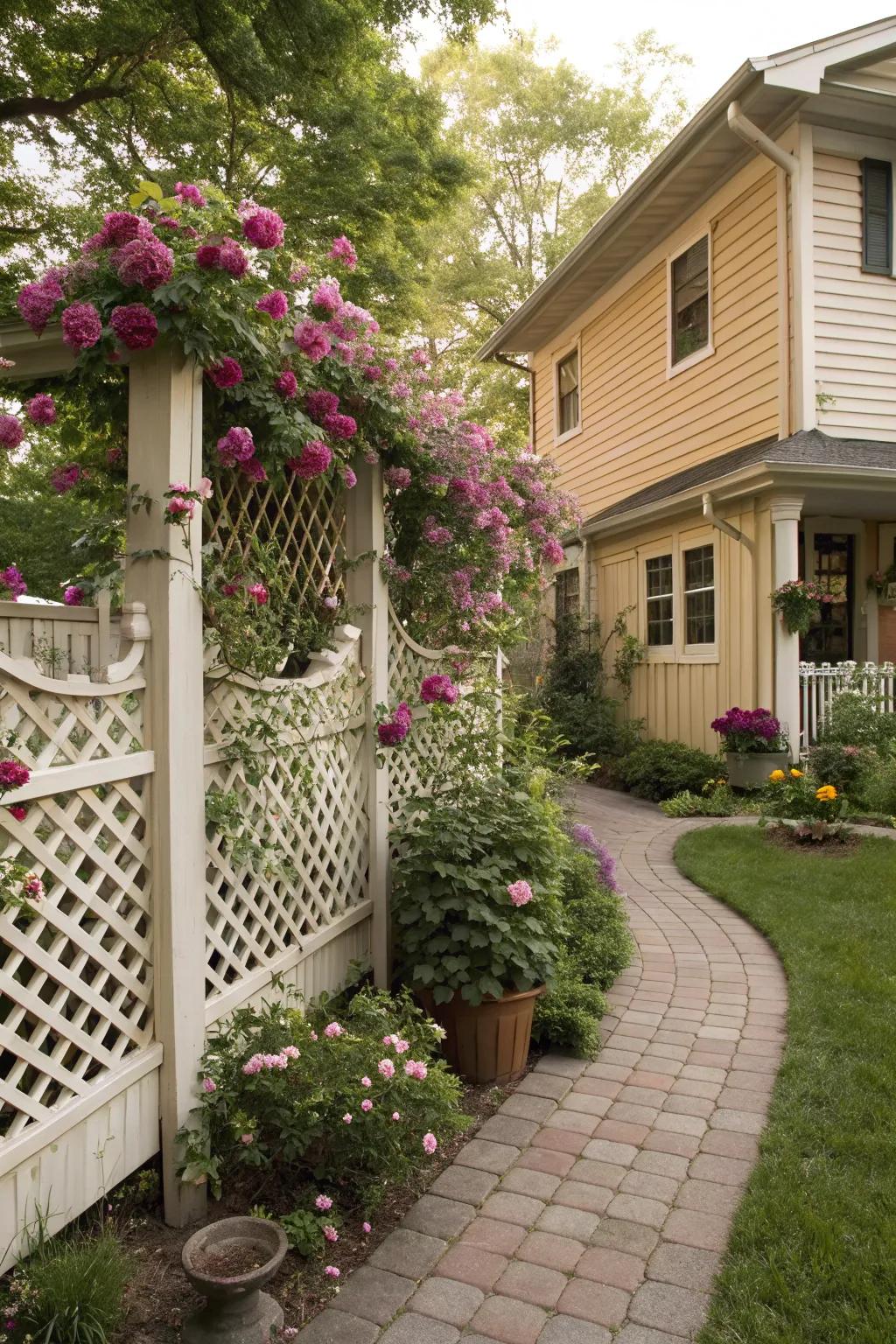 Lattice fences sustain climbing plants and add charm.