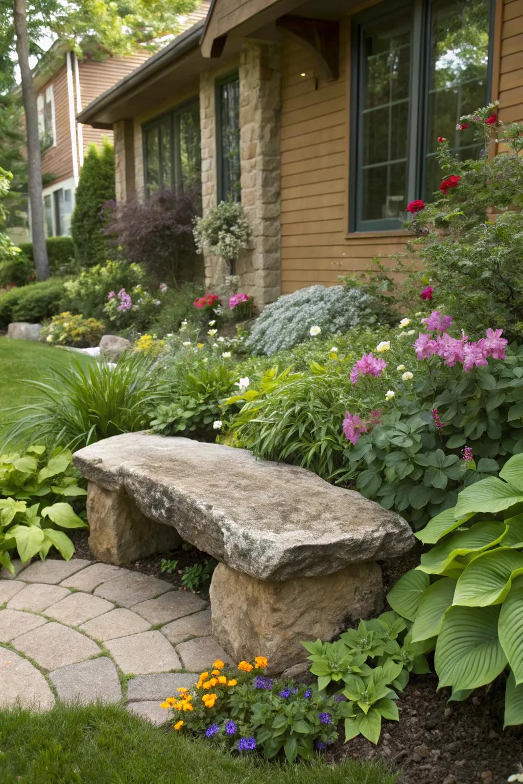 A stone seat providing a natural seating space in a front yard garden.
