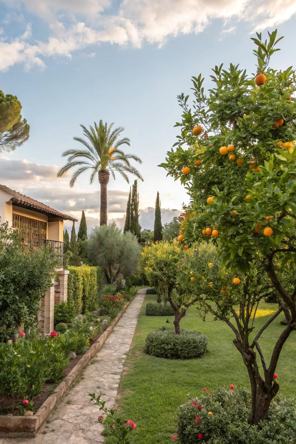Fruit-bearing trees like citrus and garnet add beauty and bounty to this landscape.