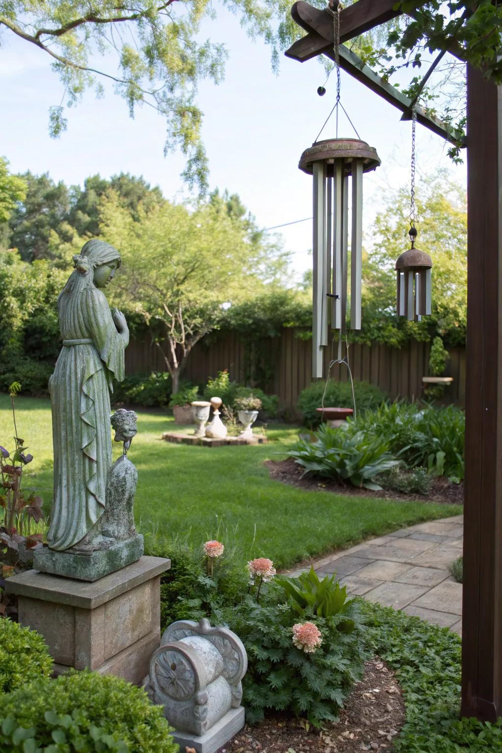 Artistic accents add whimsy and personality to the garden.