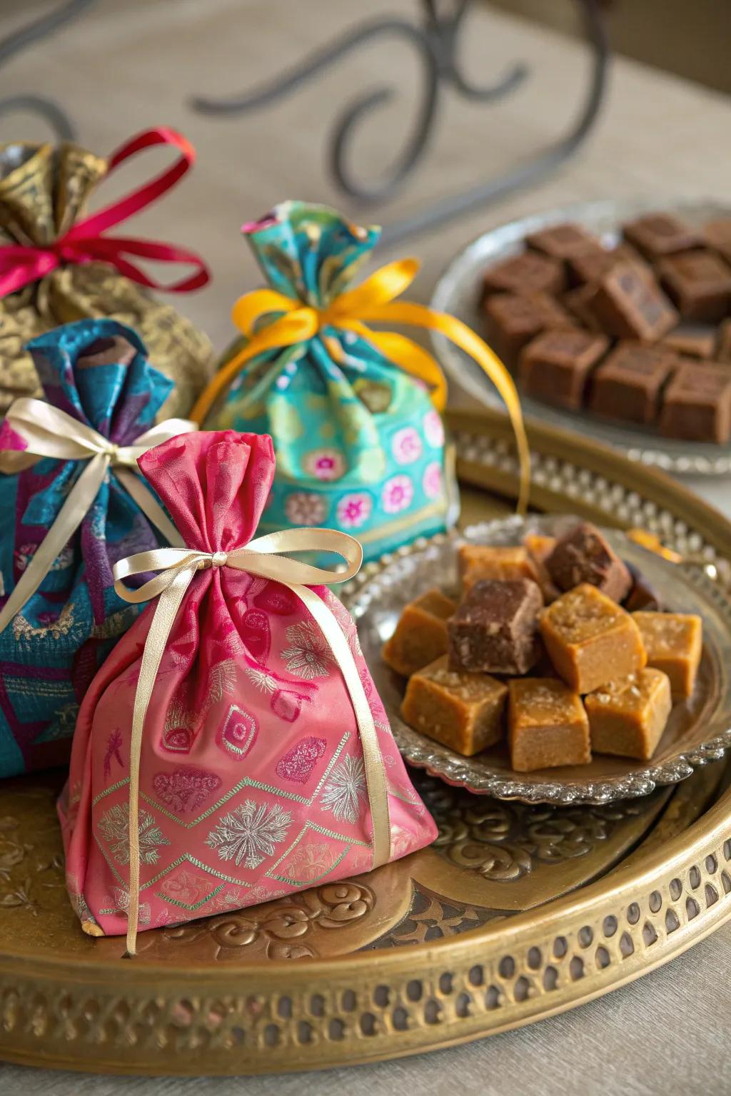 Rustic sweet squares display in charming fabric bags.