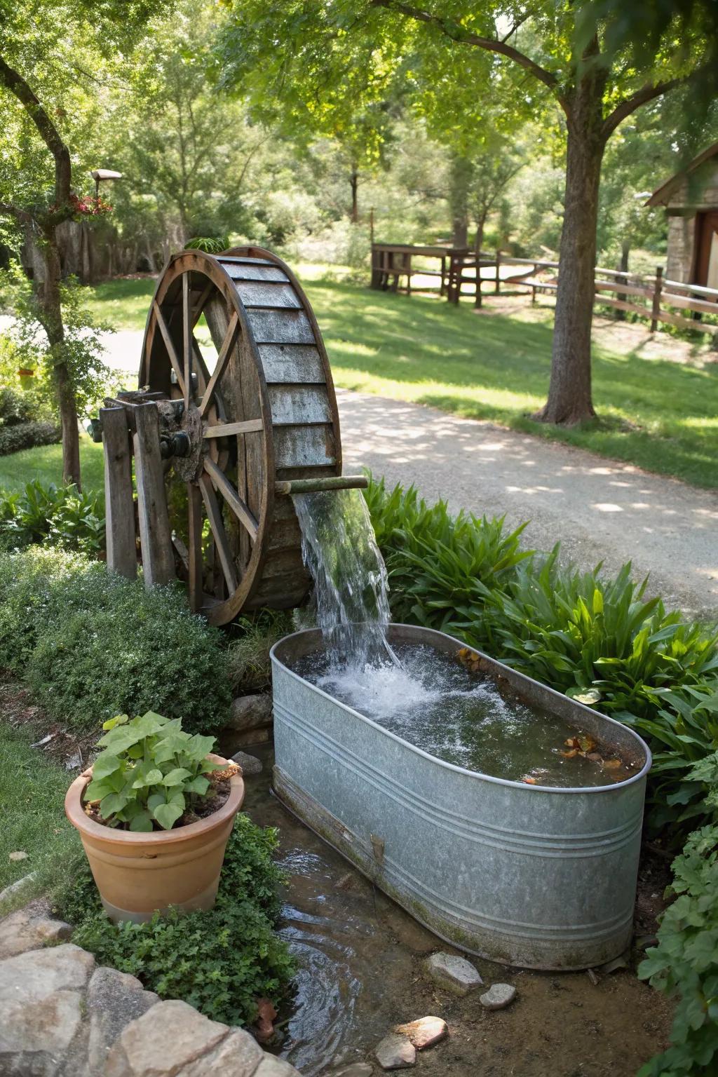 A small water wheel imparts motion to a rustic basin fountain.