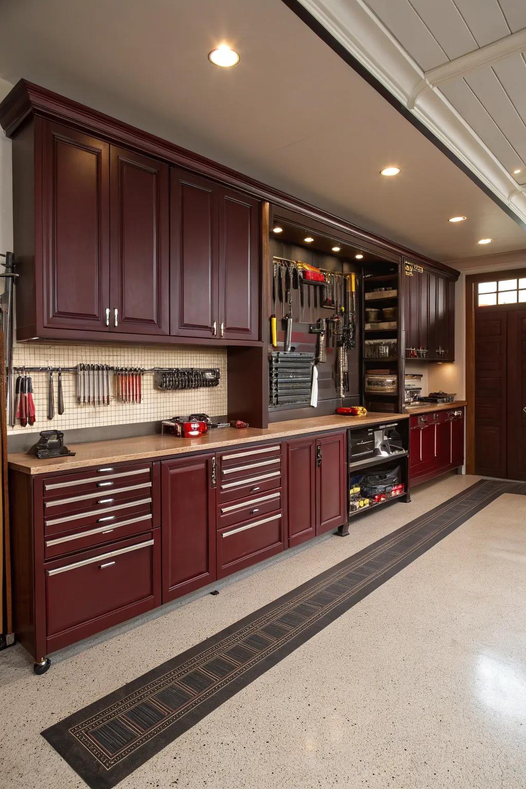 Claret cabinets provide a rich, classic feel.