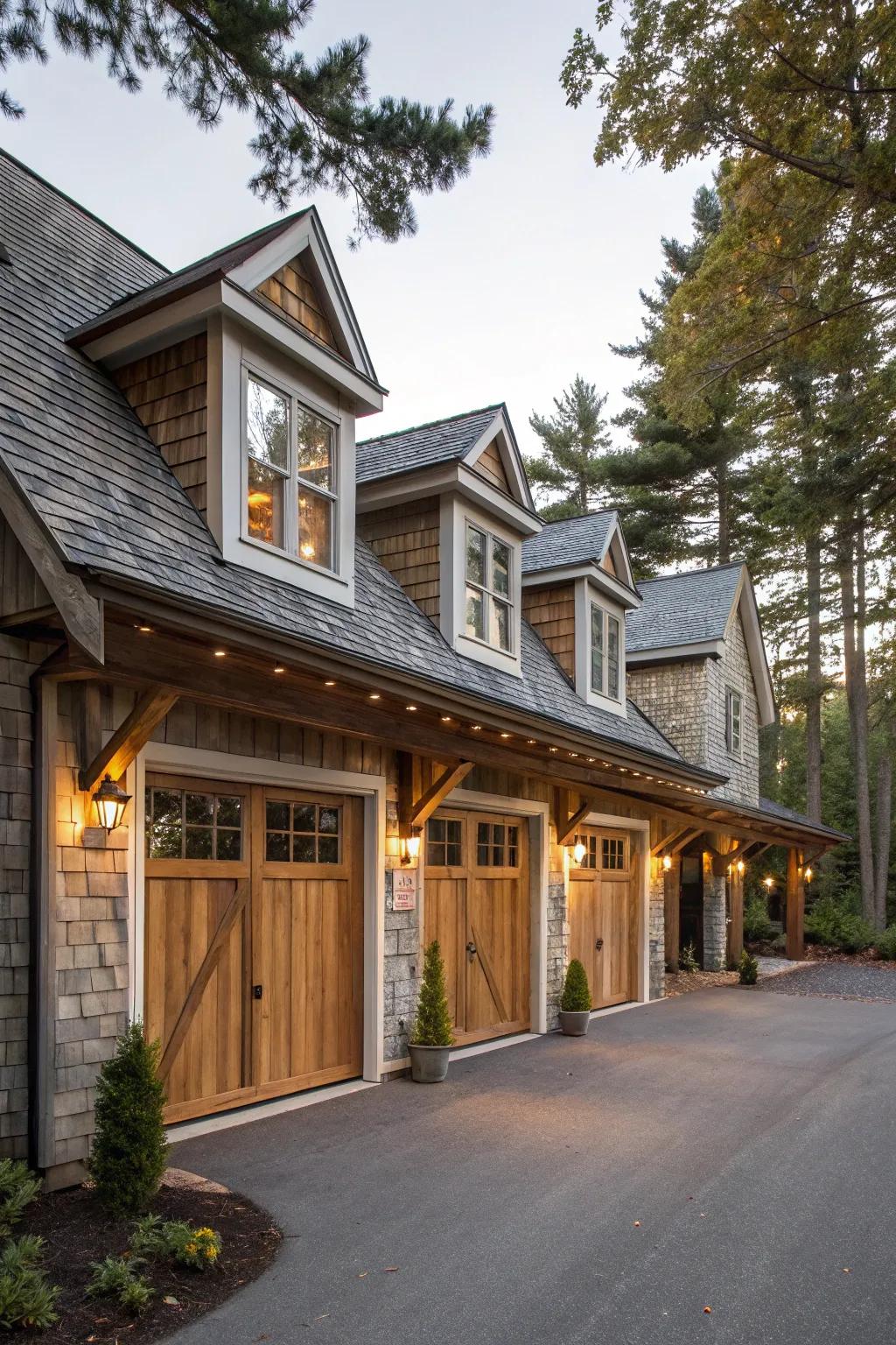 Natural dormers add warmth and allure to garage design.