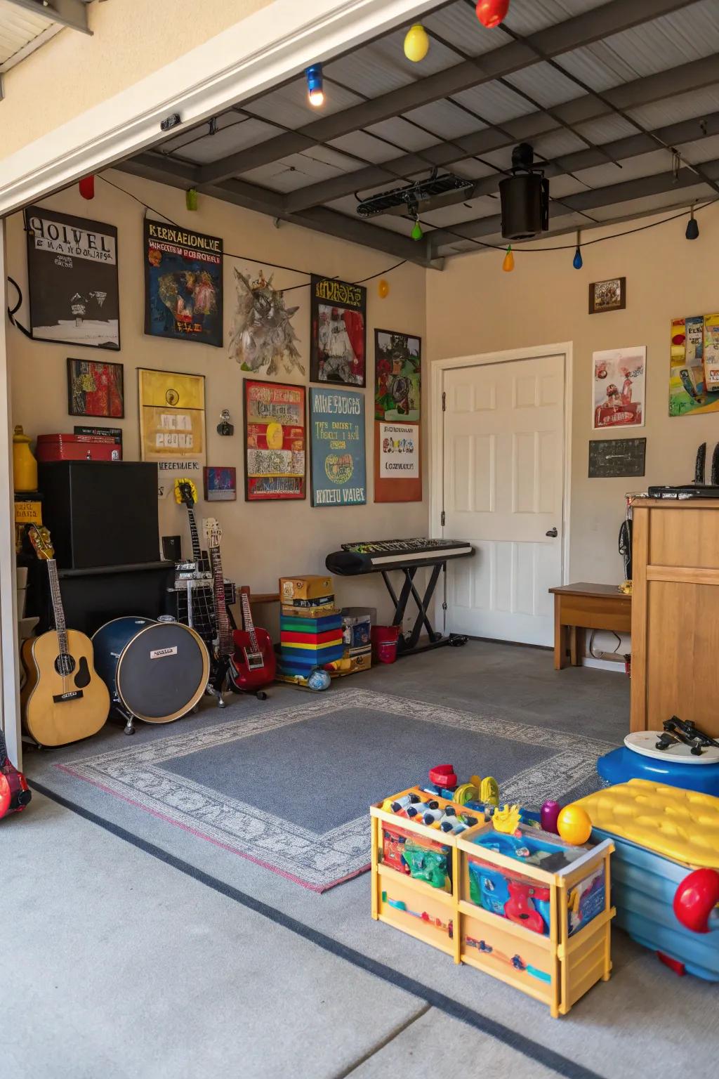 A versatile garage used as both a playroom and a music studio.