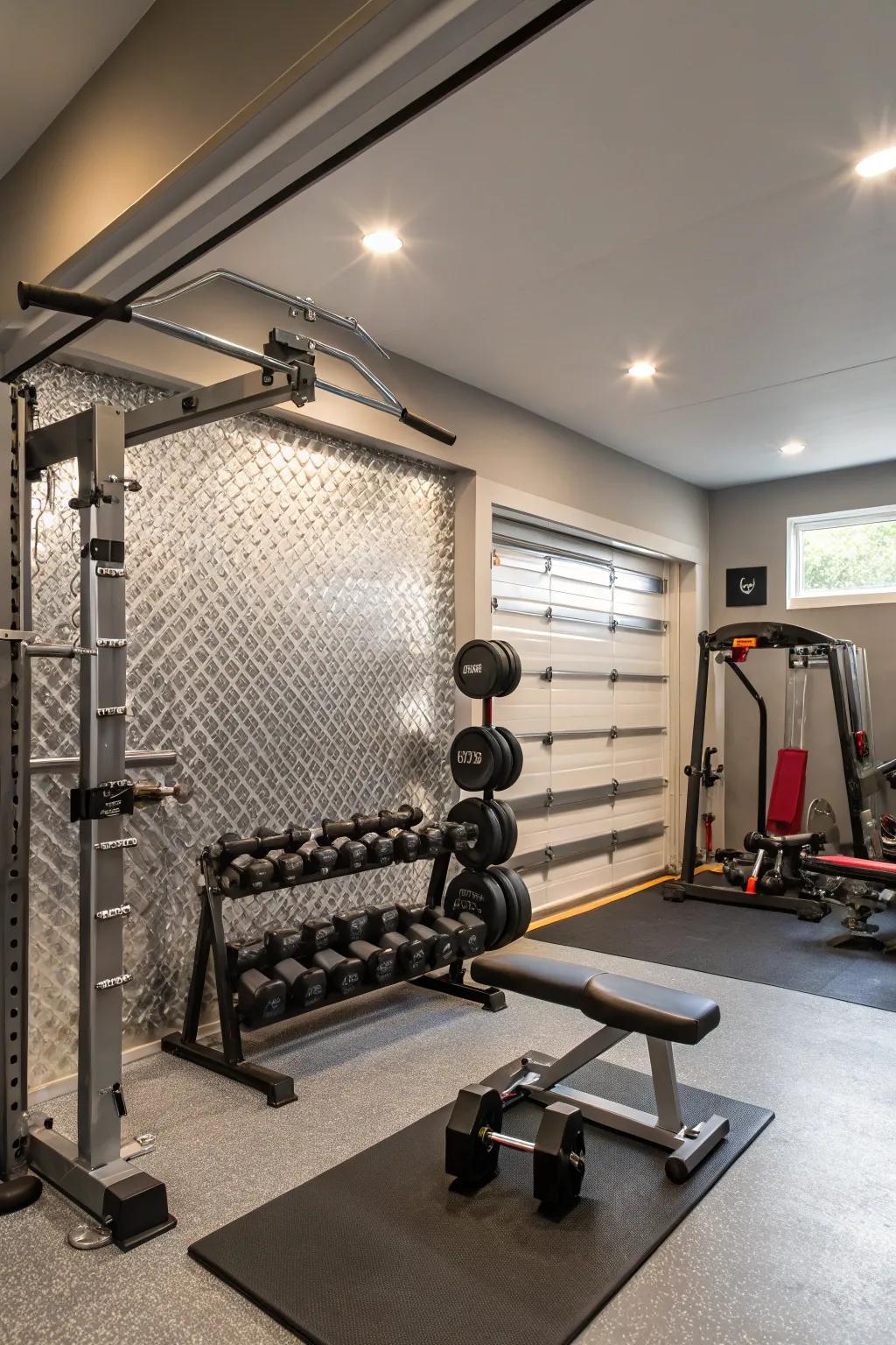 Metallic details add a luxurious feel to your exercise spot.