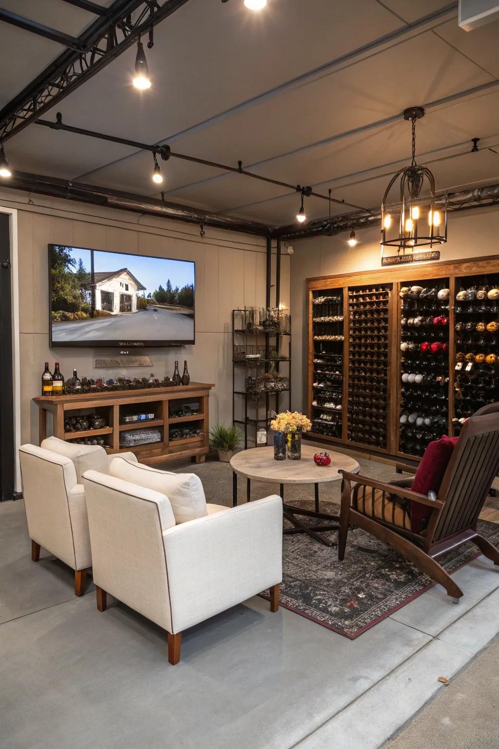 Enjoy a sophisticated wine tasting lounge with a TV setup in your garage.