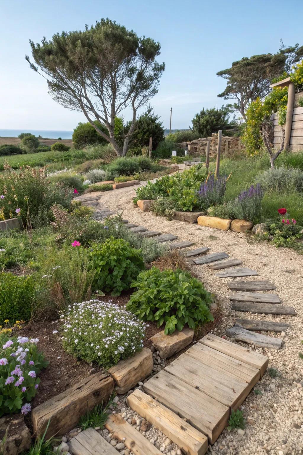 A garden that blends beauty and sustainability using eco-conscious materials.