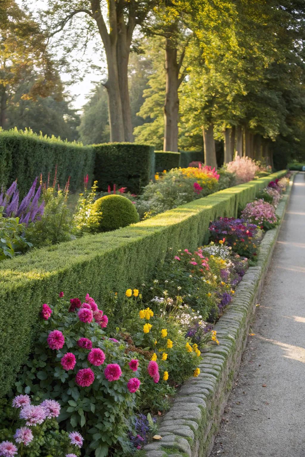 Hedges provide green garden boundaries.