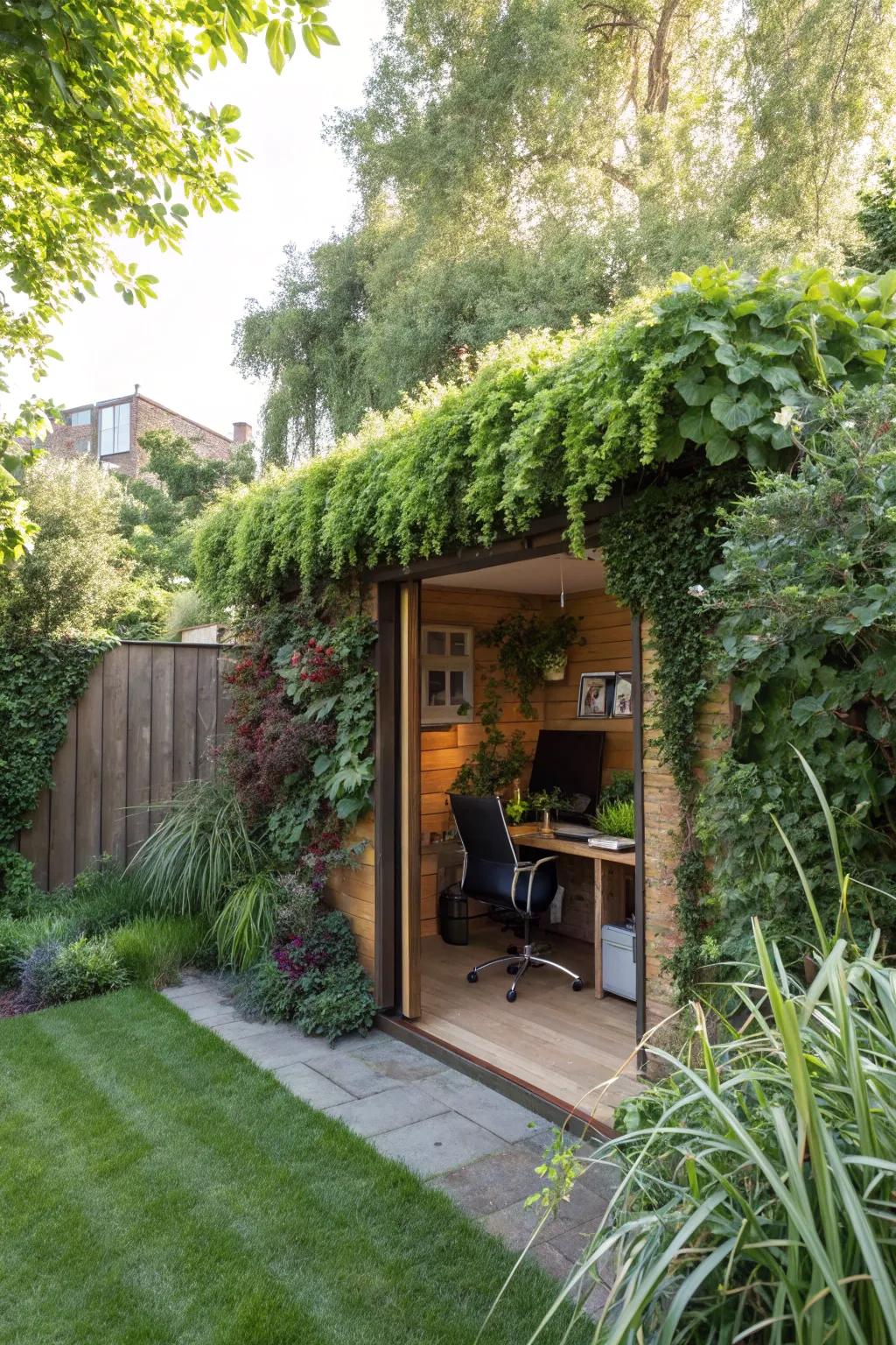 A secret garden office, concealed behind a vibrant living wall.