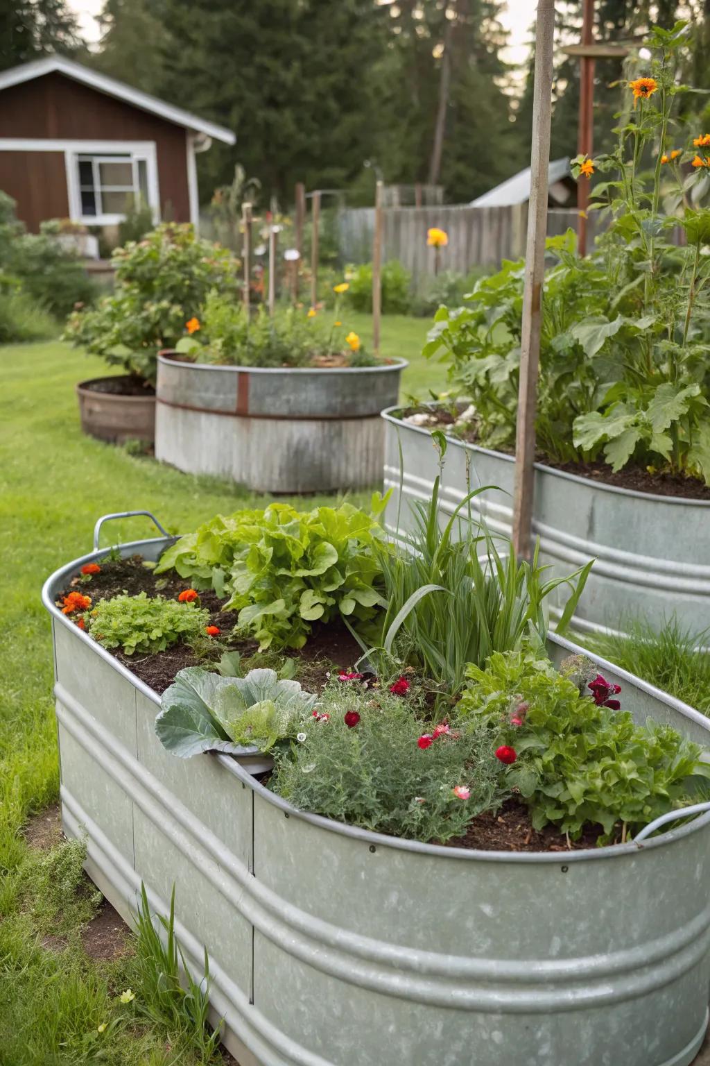 Stock tanks turned into raised garden beds.