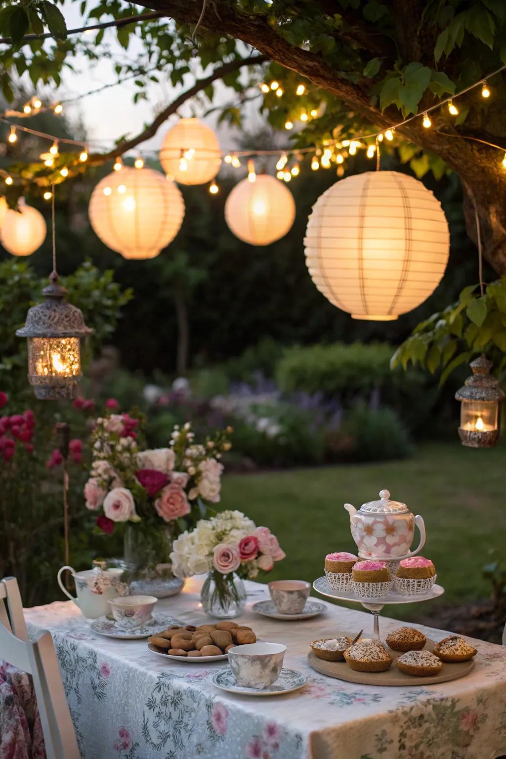 Fairy lights introduce a magical element to the garden as the sun descends.