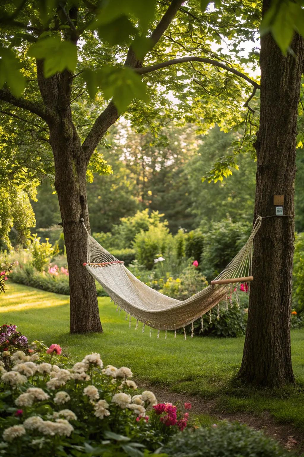 A peaceful hammock hung between garden trees.