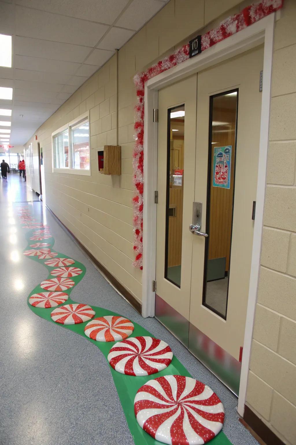 A peppermint pathway guides visitors to the gingerbread entrance.