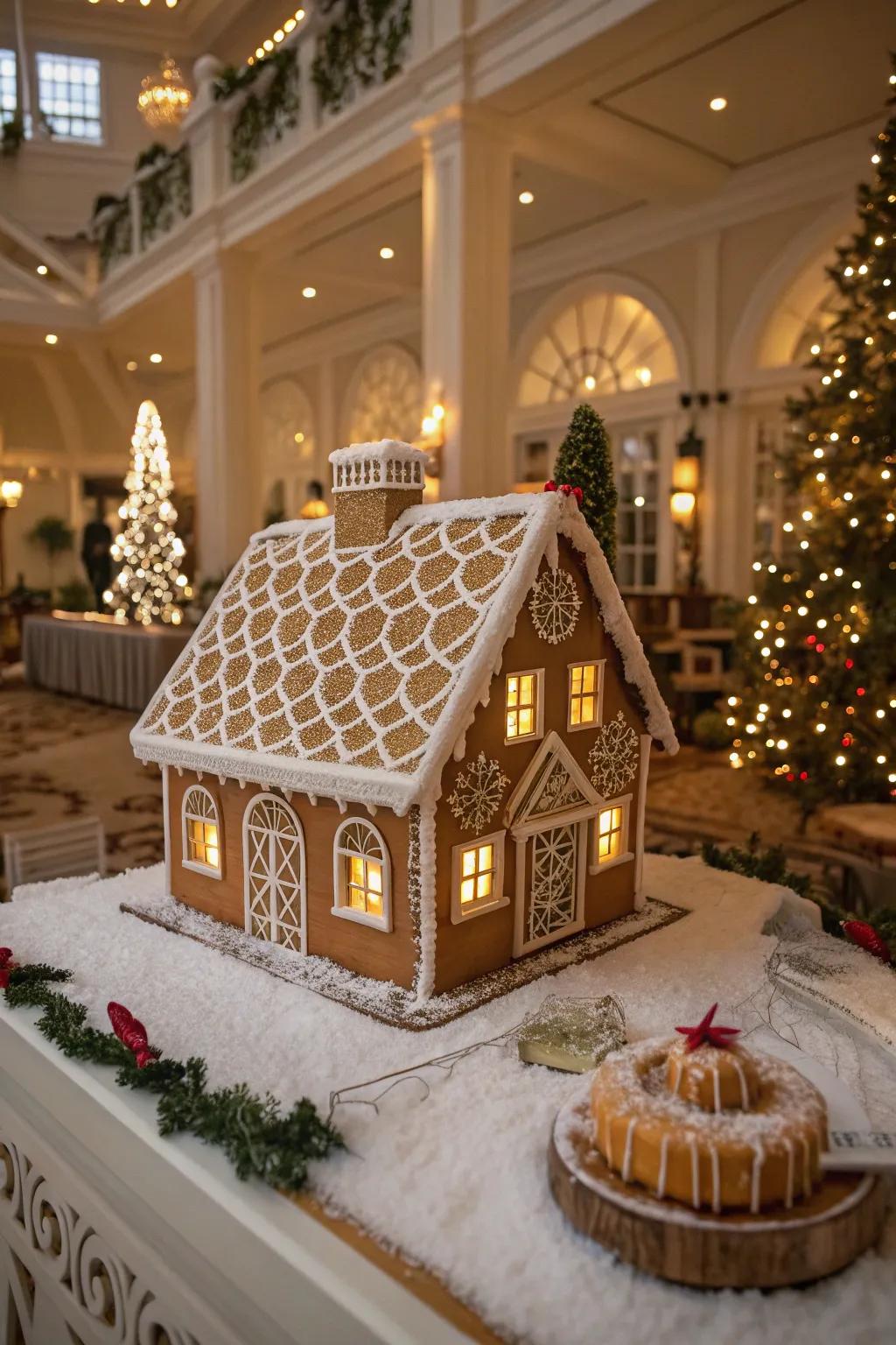 Aristocratic frosting patterns convey sophistication and detail to gingerbread roofs.