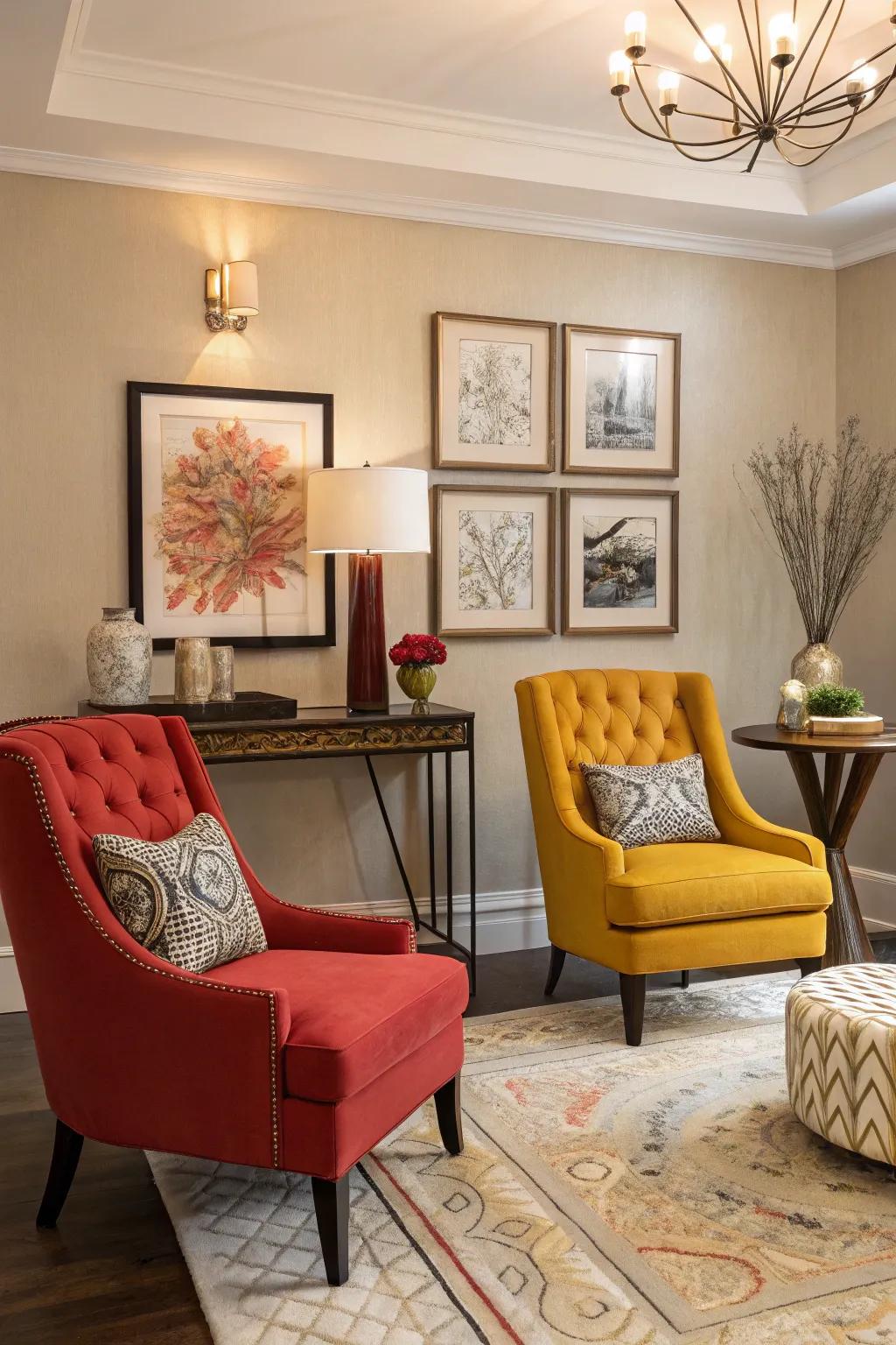 A stylish living area with bold feature chairs adding color.