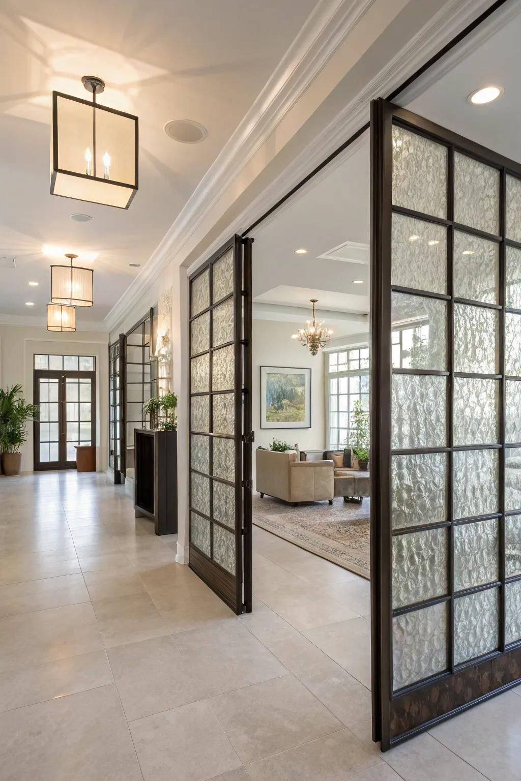 An open-concept space features creative glass block room dividers, offering separation with see-through style.