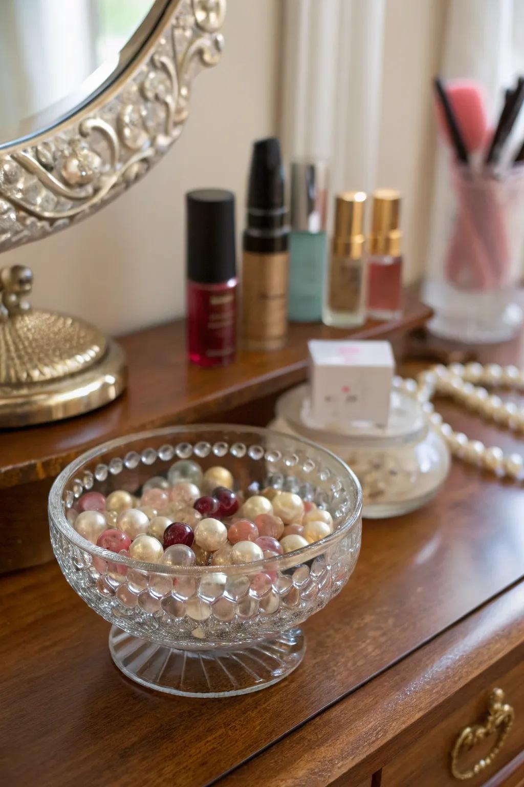 Shimmering elegance with glass drops in a glass bowl.