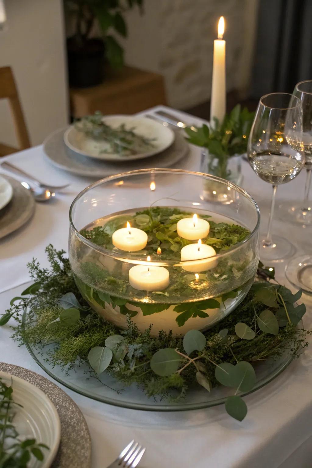 Stillness by candlelight originating from free-floating wax lights nestled inside a crystal vessel.