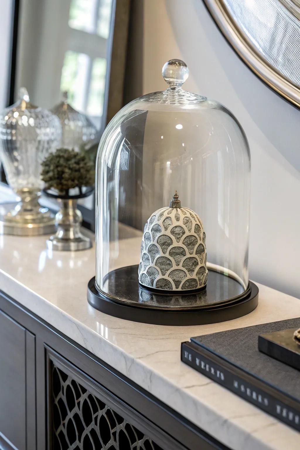 A minimalist display with a modern sculpture under a glass cloche.