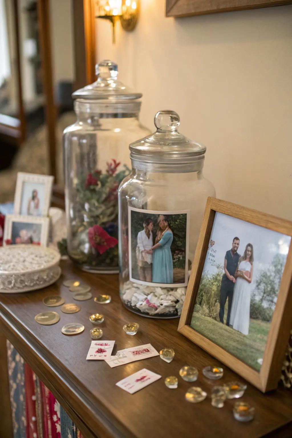Photo-filled jars offer a unique and personal décor element.
