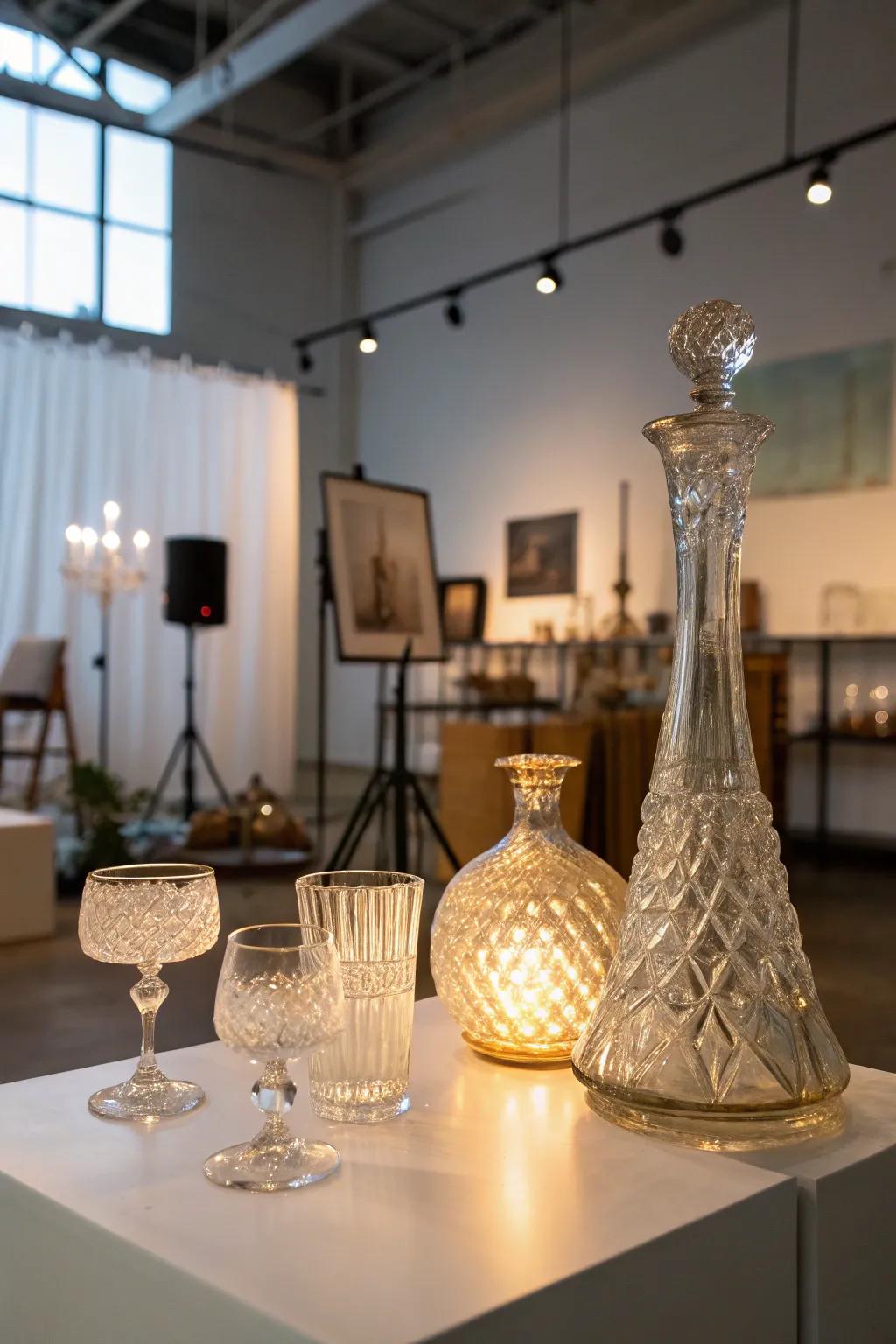 Backlighting creating a dramatic effect on glassware in an art studio.