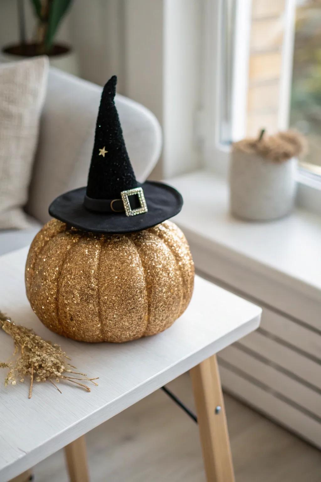Add a sprinkle of magic to your decor with this enchanting radiance gourd adorned with a whimsical sorceress's hat, perfect for a chic All Hallows' Evening vibe.