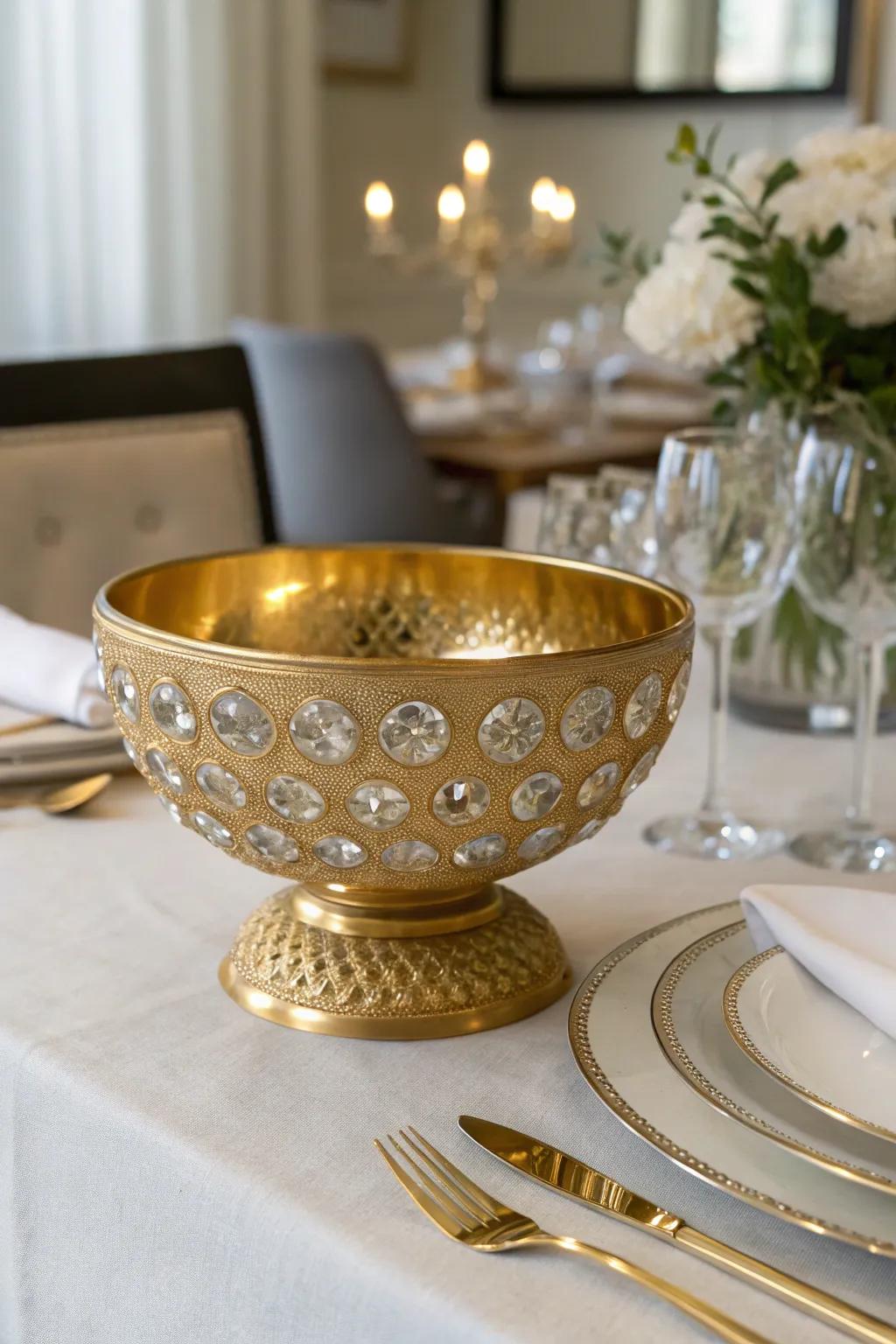 Opulent gilded bowl paired with crystal accents.
