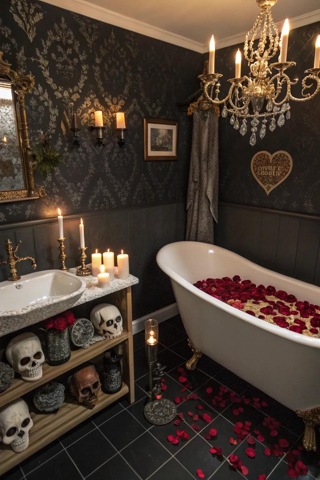 Gothic accents add personality and style to the bathroom.