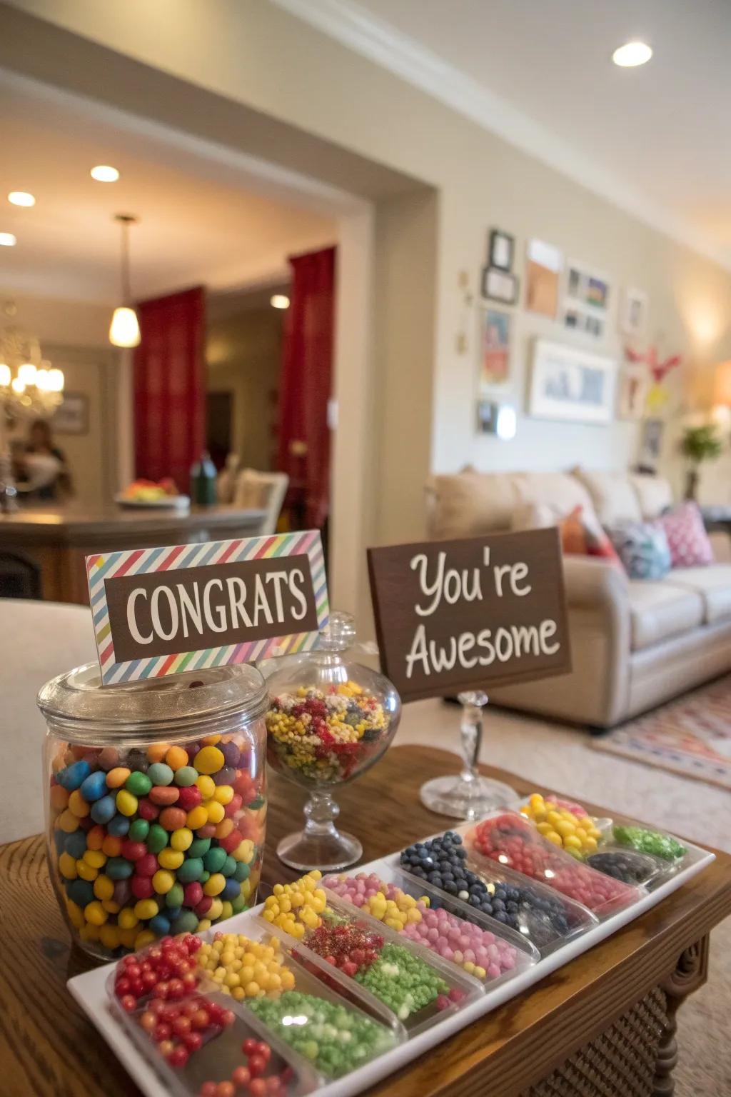 Candy with sweet greetings adds a personal touch to your celebration.