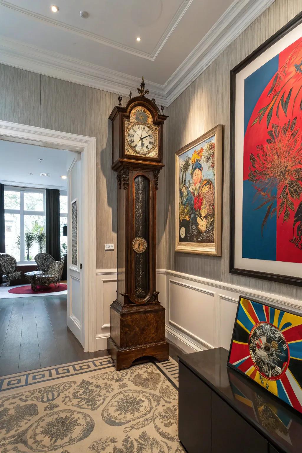 A pendulum timepiece becomes a piece of art by adding bold modern art.