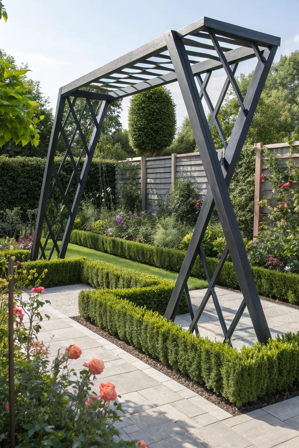 Shaped trellises provide a modern and artistic garden element.