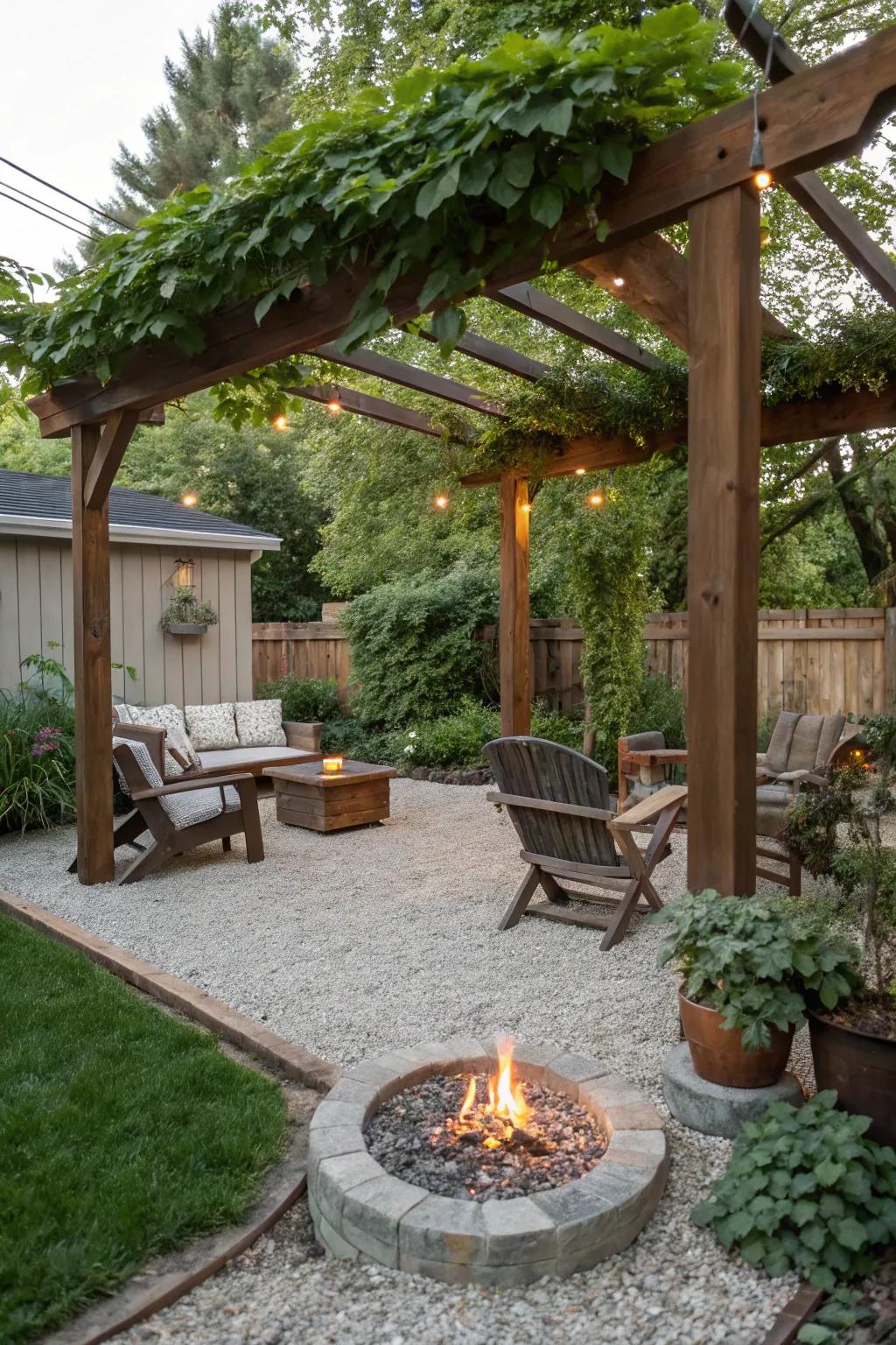 A pergola adds structure and style to your fire feature setup.