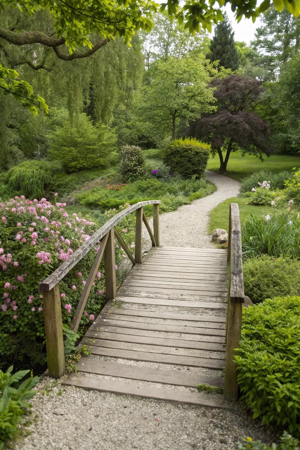 A quaint garden span over a stone chip walkway