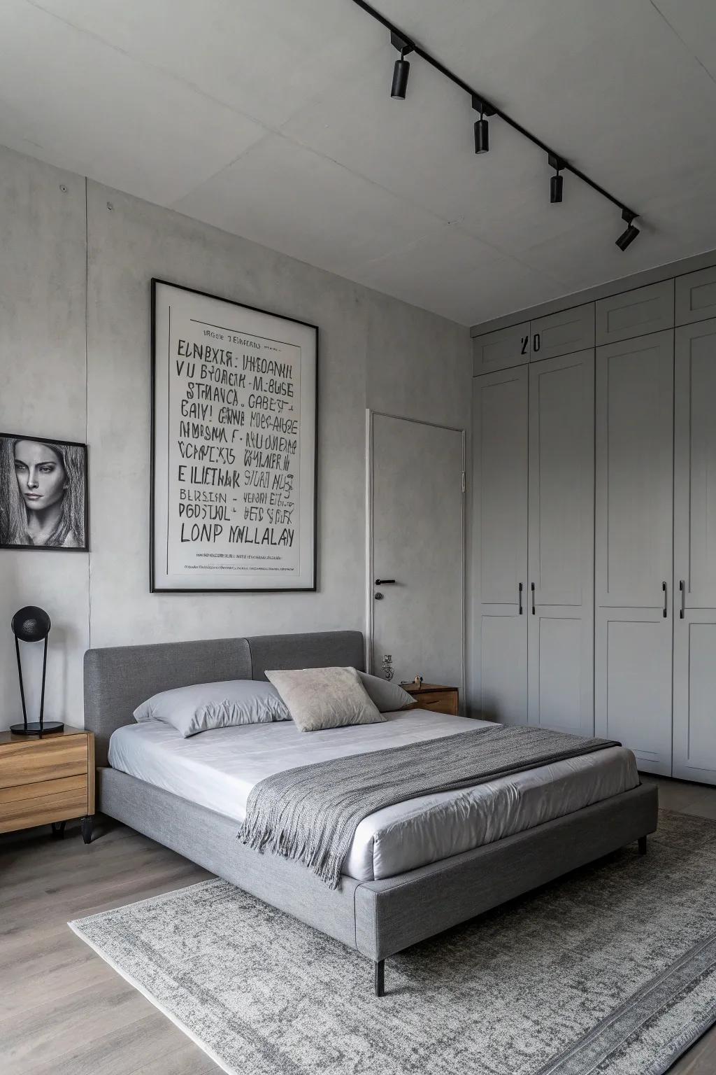 A monochrome gray bedroom highlighted by dramatic art.