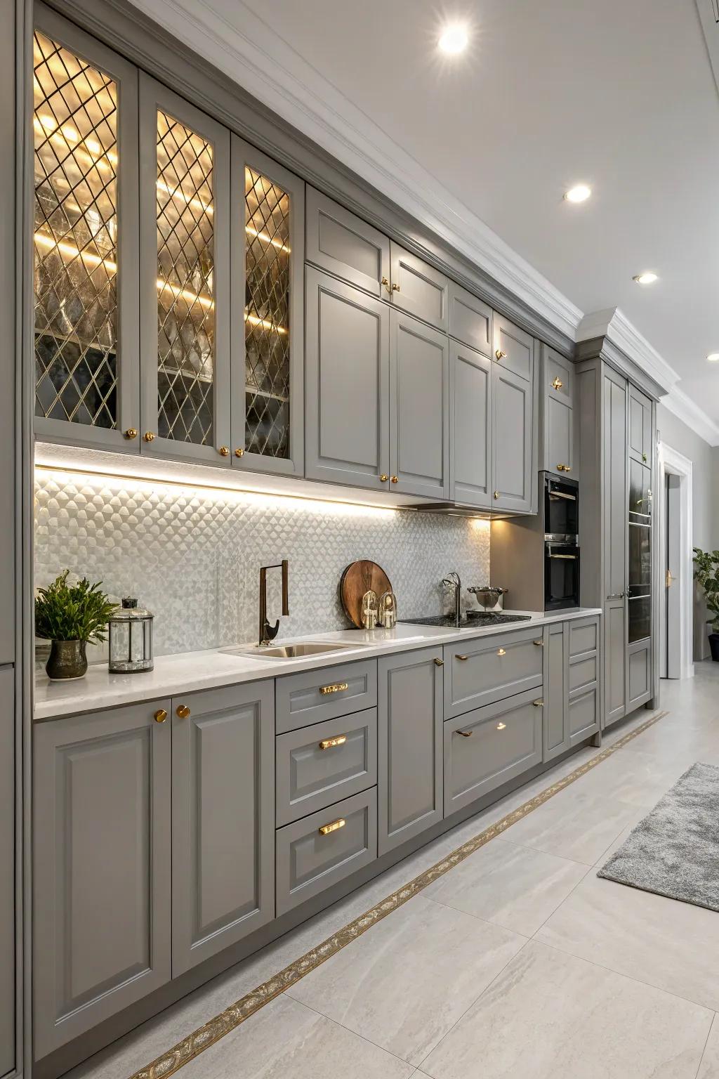 Metallic embellishments introduce a modern edge to gray units.