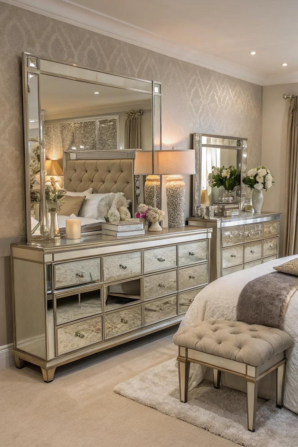 Reflective furnishings append sophistication and exquisitely reflect light.