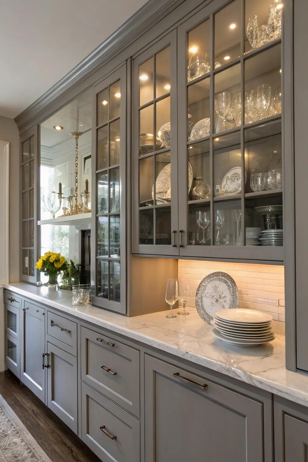 Transparent-front cabinets add openness and style to gray cabinetry.