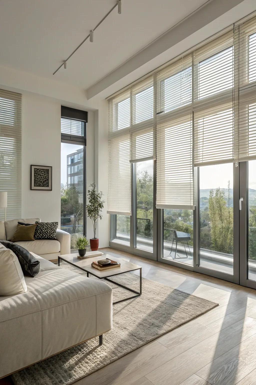 Built-in blinds offer a smooth look in this modern, simple family room.