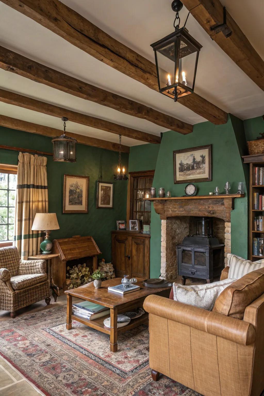 Forest green walls add rustic charm to this cozy living room.
