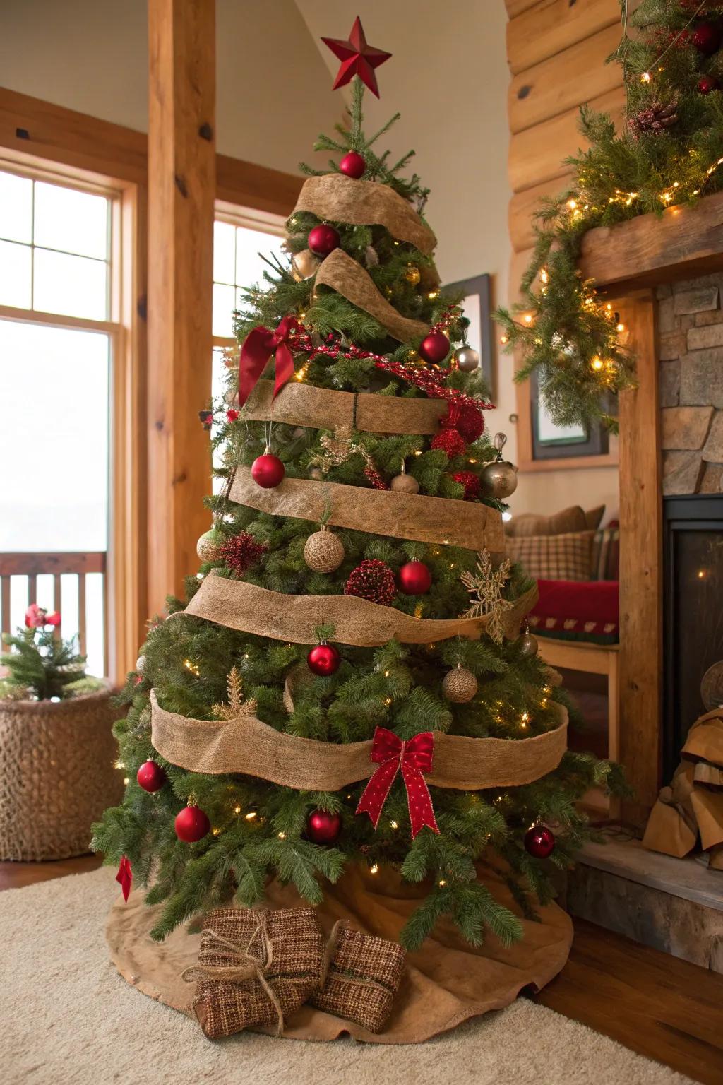 A rustic Christmas tree featuring charming red and green accents.
