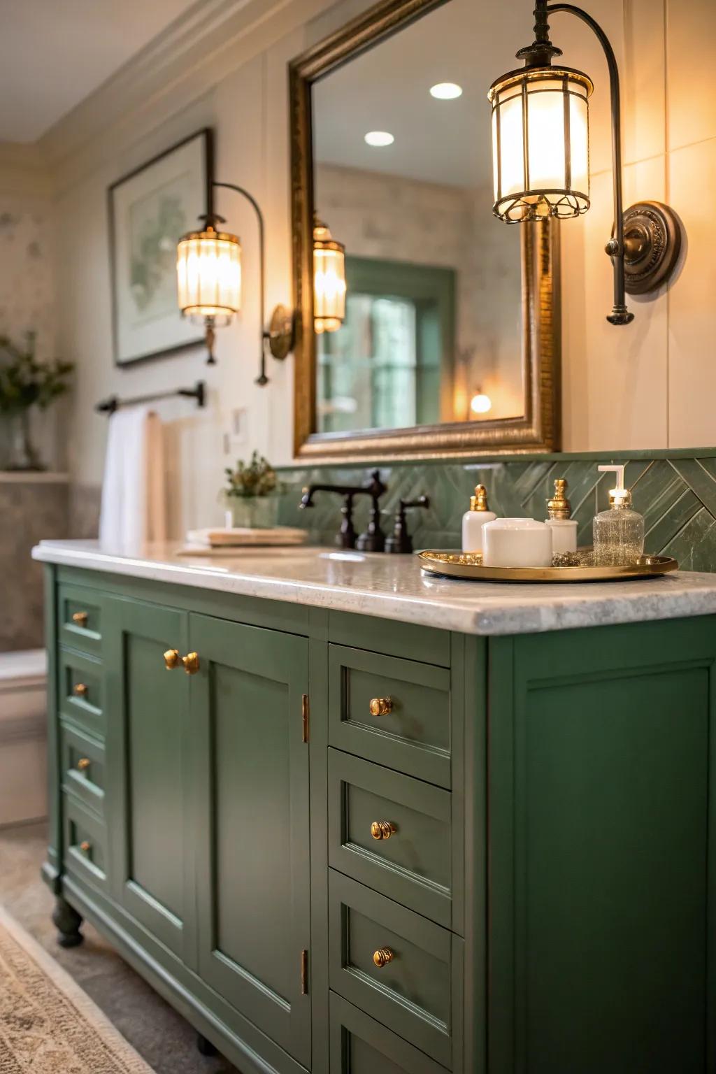 Soft lighting enhancing the warmth of a green vanity.