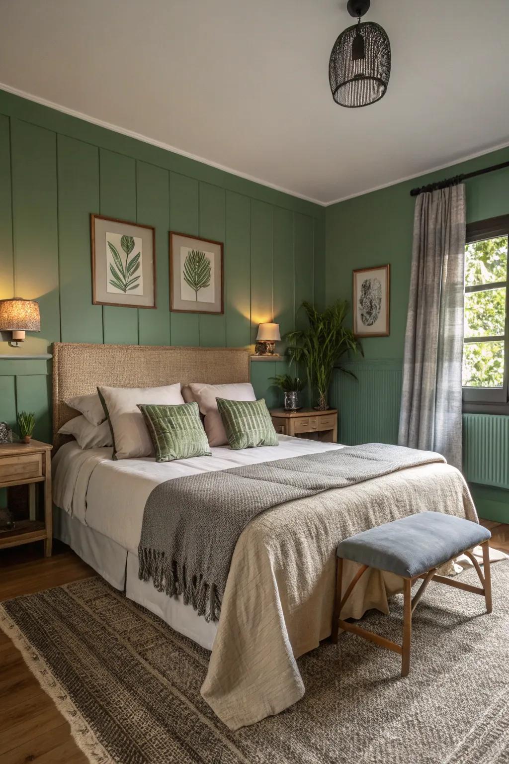 Blending green with understated shades creates a balanced and calming space.