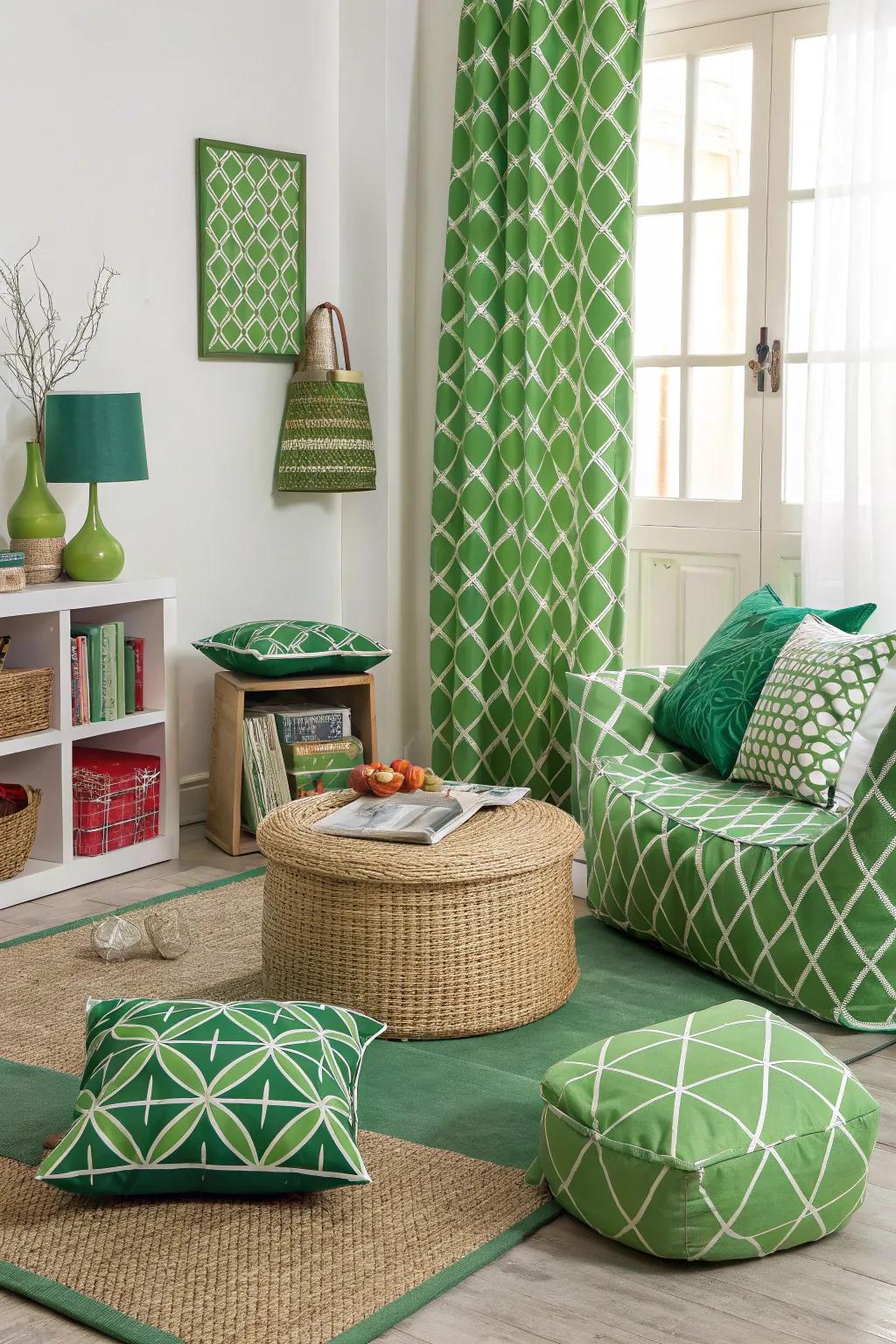 Geometric designs add a contemporary flair to this green-themed interior.